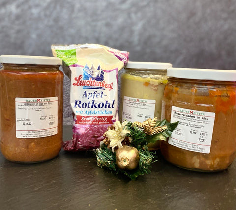 Weihnachtspaket groß: Hausgemachte Rouladen, Wildgulasch und Kartoffelsuppe im Glas mit Rotkohl - Anzahlung