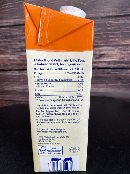Terra H-Milch 3,8% Fett - Bio Vollmilch - 1 Liter Tetrapack - Anzahlung